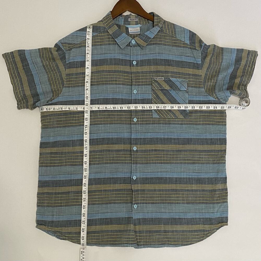 Columbia Men's Shirt Button Down Short Sleeved Blue and Yellow Striped Size XL - Picture 3 of 7